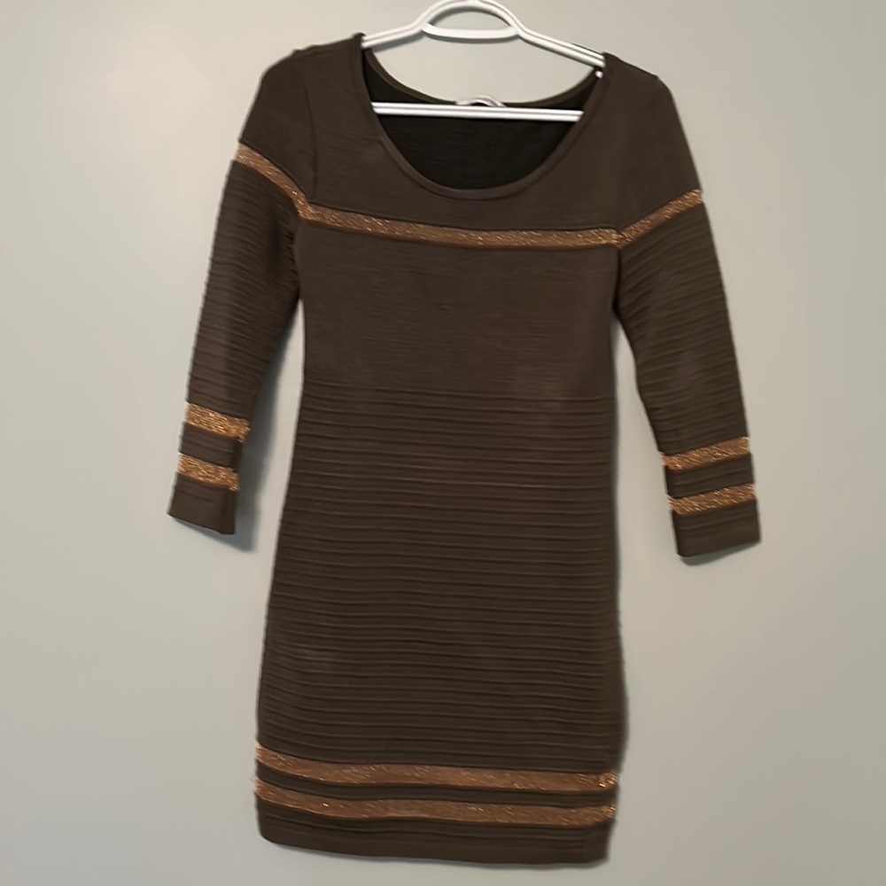 Hera collection ploy/spandex fabric dress in green with gold stripes. Large